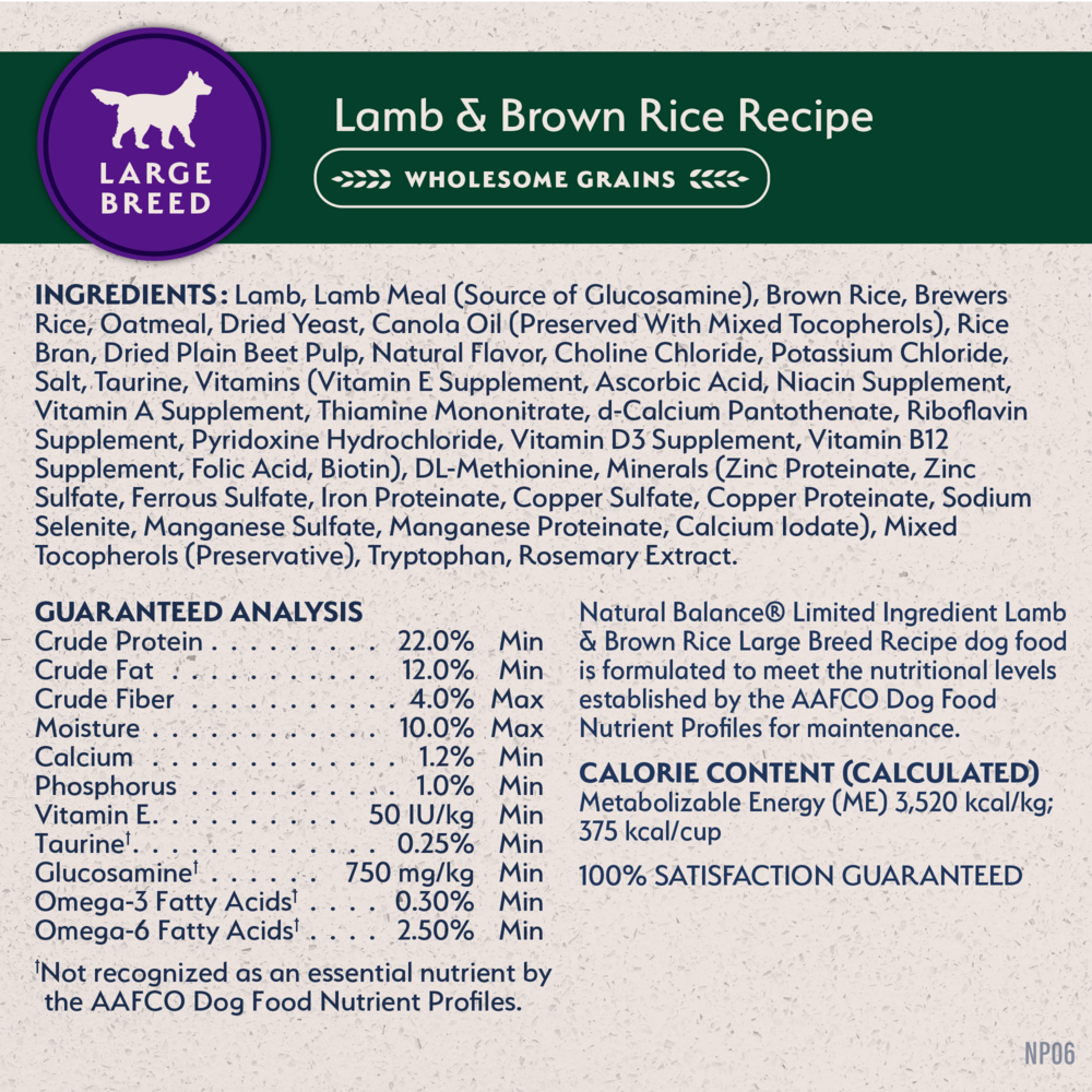 Natural Balance Limited Ingredient Lamb & Brown Rice Large Breed Recipe Dry Dog Food