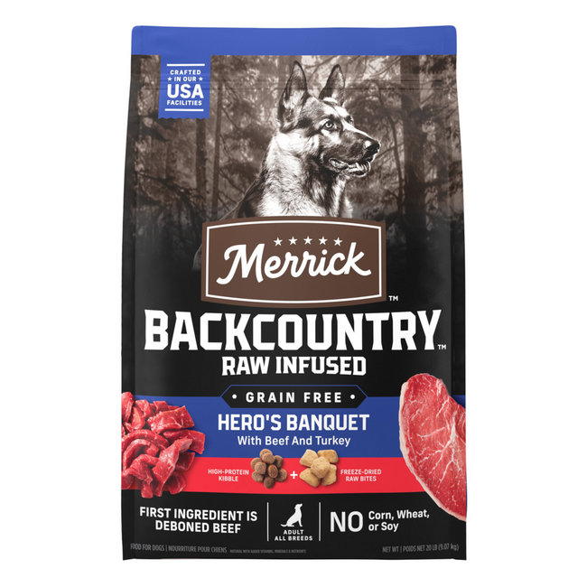 Merrick Backcountry Grain Free Dry Adult Dog Food, Kibble With Freeze Dried Raw Pieces Heros Banquet Recipe