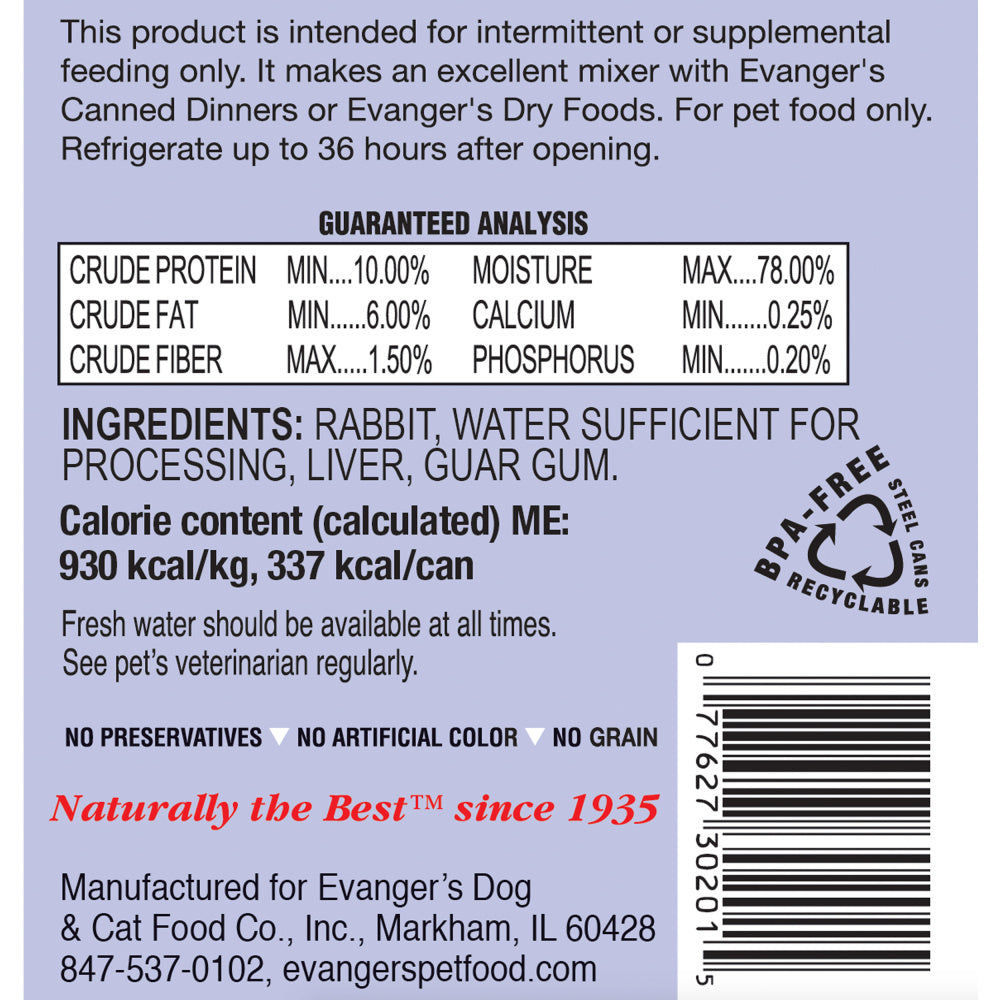 Evangers Grain Free Rabbit  Canned Dog and Cat Food